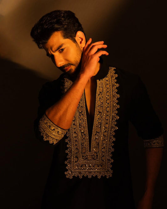 Designer Black Kurta Set with Gold Thread Leaf Embroidery - Premium Wedding & Cocktail Party Wear for Men