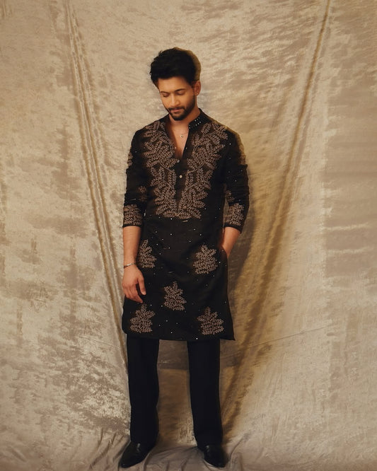 Designer Black Kurta Set with Gold Thread and Sequins Embroidery - Wedding & Festive Party Wear for Men