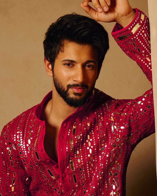 Deep Raspberry Hand-Embroidered Mirror Kurta