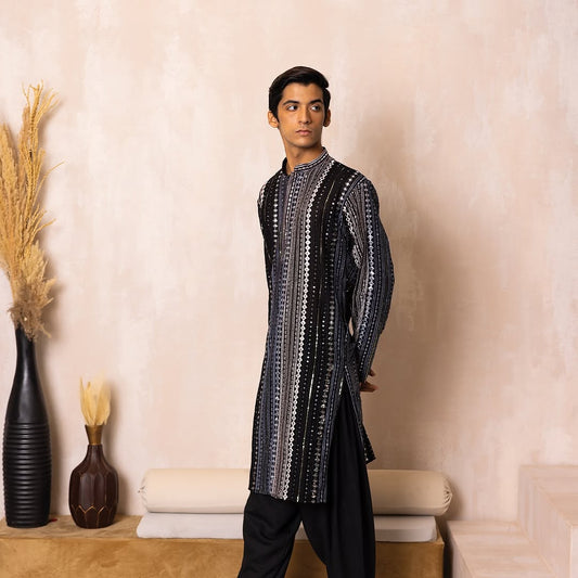 Midnight Black Embellished Mirror Work Georgette Kurta Set