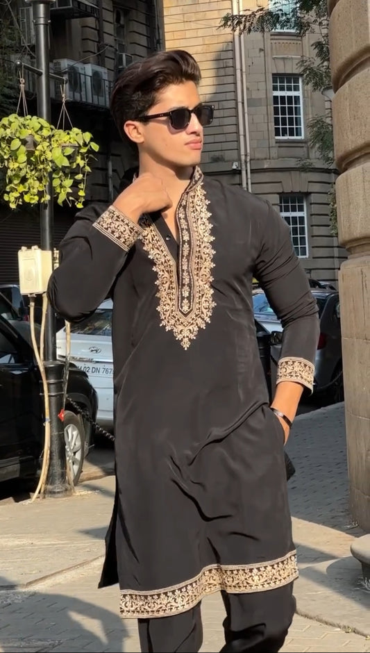 Royal Black Embroidered Kurta