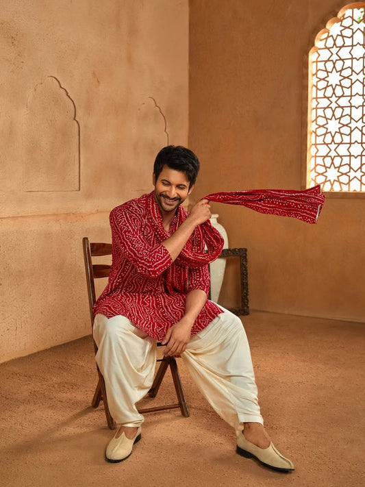 Red Bandhani Kurta Set for Men