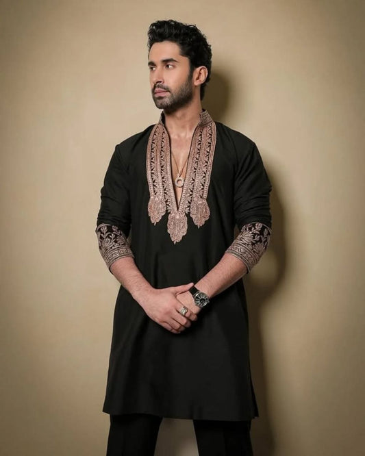 Regal Black Kurta with Gold Kashmiri Embroidery