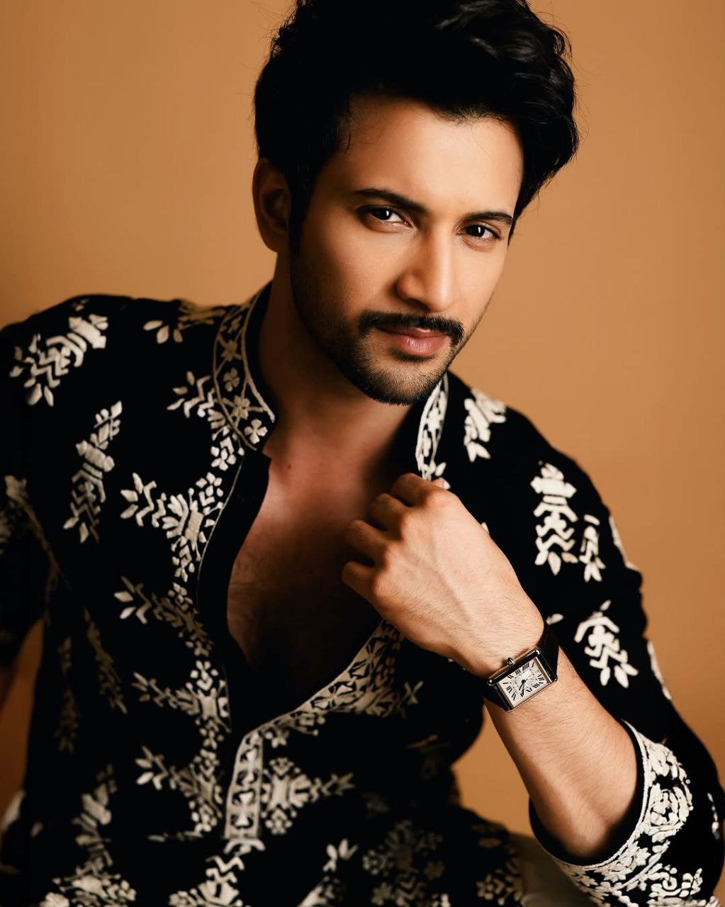 Black & White Geometric Embroidered Black Silk Kurta