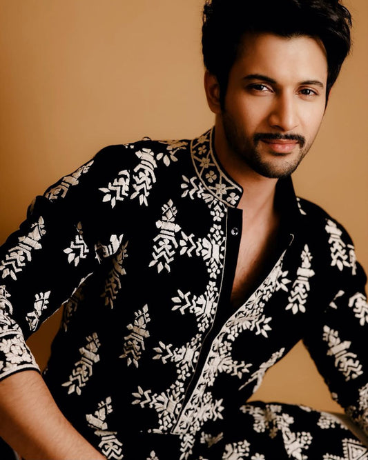 Black & White Geometric Embroidered Black Silk Kurta