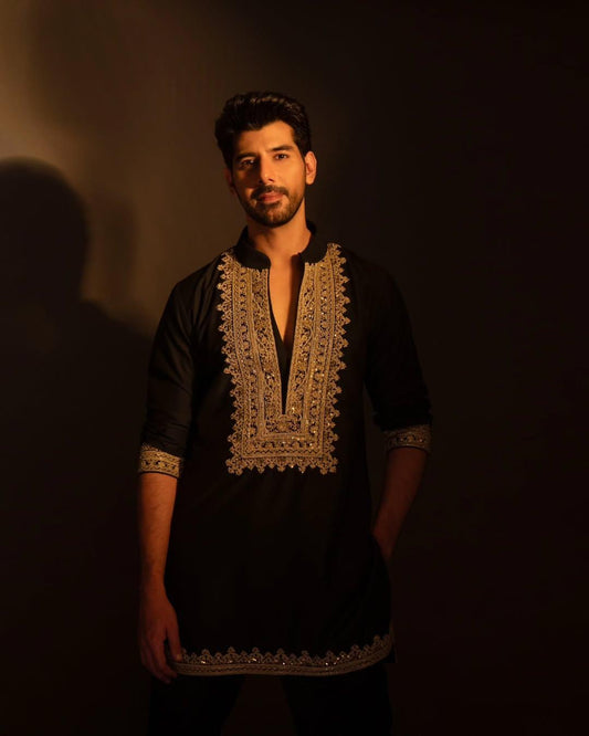 Designer Black Kurta Set with Gold Thread Leaf Embroidery - Premium Wedding & Cocktail Party Wear for Men