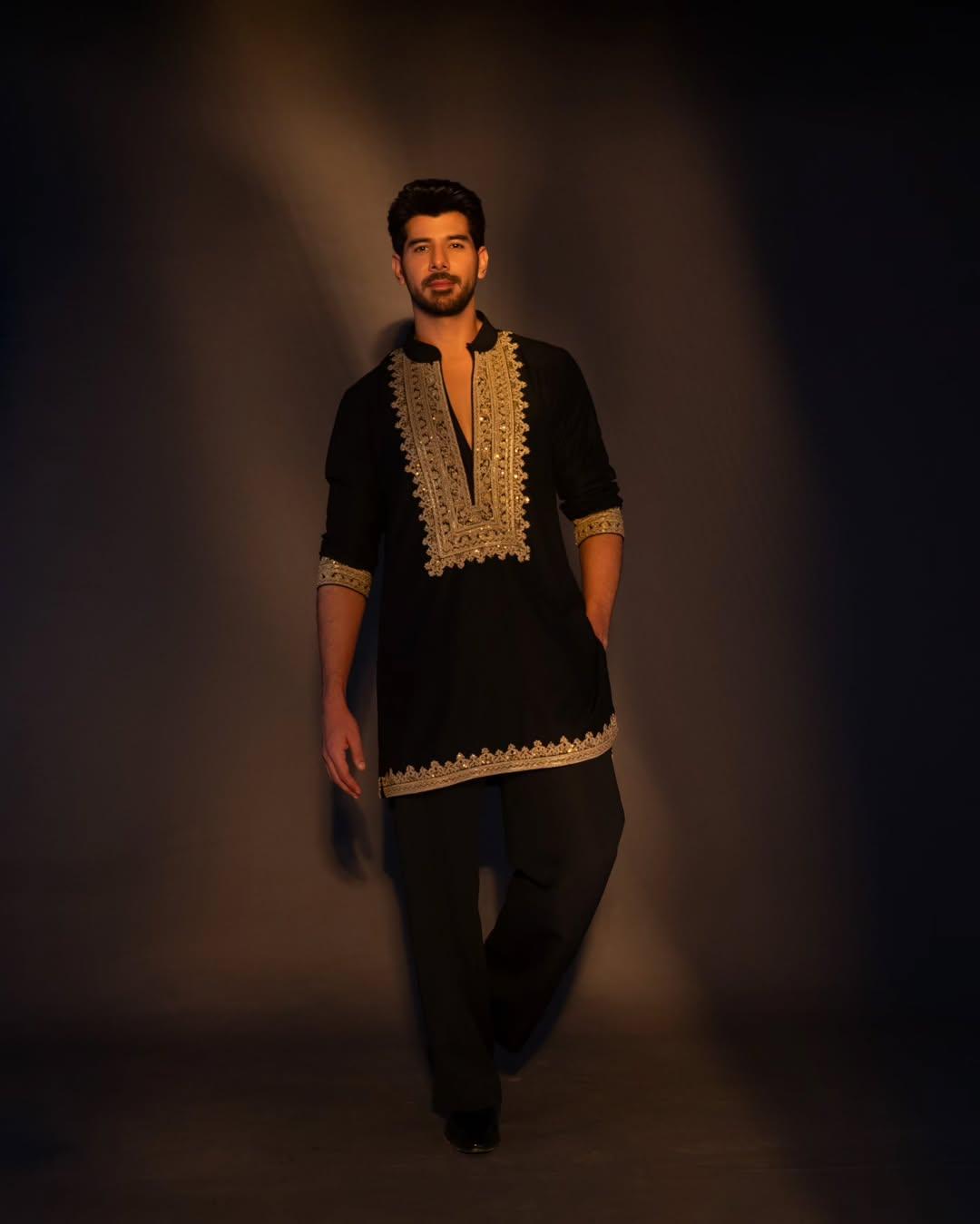 Designer Black Kurta Set with Gold Thread Leaf Embroidery - Premium Wedding & Cocktail Party Wear for Men