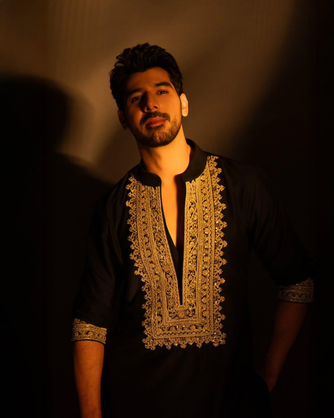 Designer Black Kurta Set with Gold Thread Leaf Embroidery - Premium Wedding & Cocktail Party Wear for Men