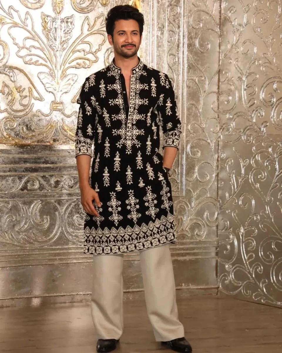 Black & White Geometric Embroidered Black Silk Kurta