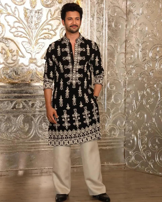 Black & White Geometric Embroidered Black Silk Kurta