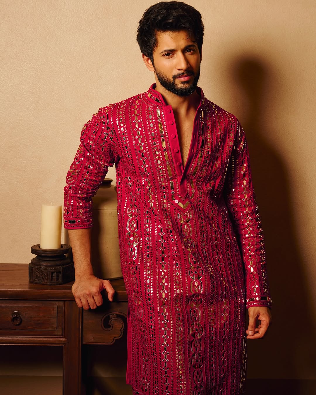 Deep Raspberry Hand-Embroidered Mirror Kurta