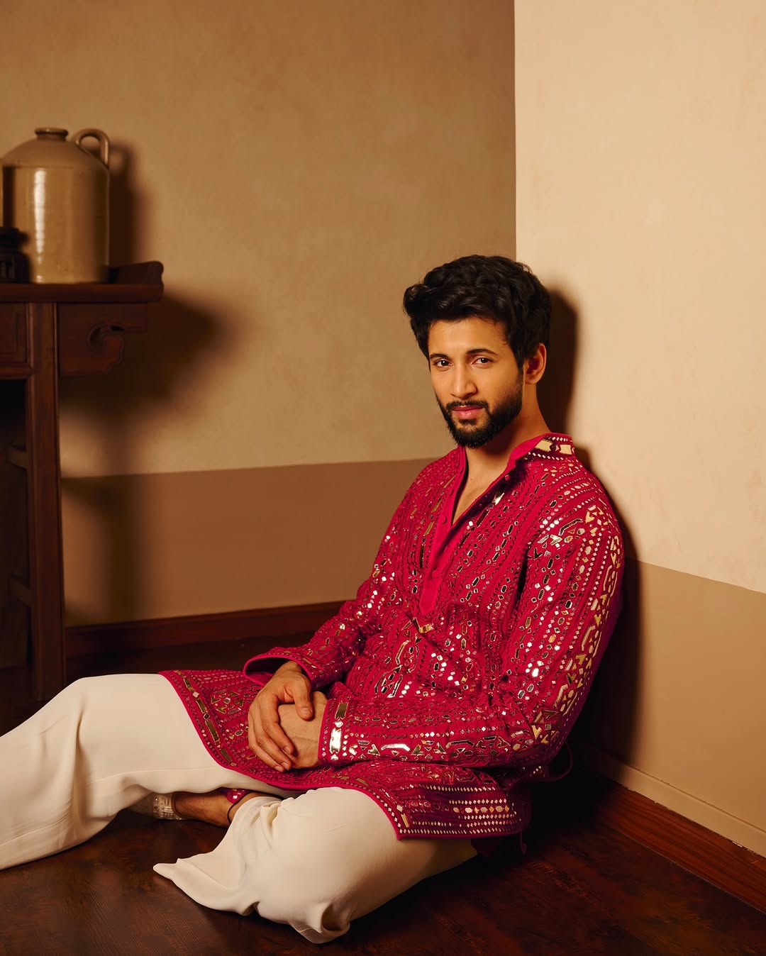 Deep Raspberry Hand-Embroidered Mirror Kurta