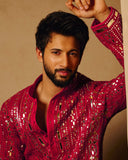 Deep Raspberry Hand-Embroidered Mirror Kurta