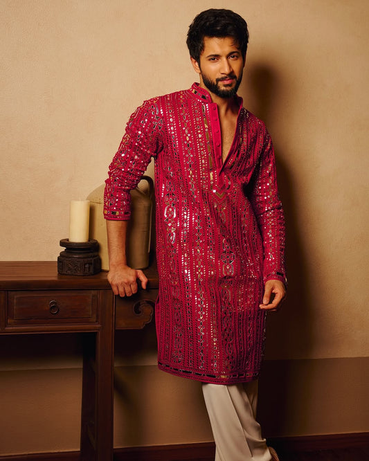 Deep Raspberry Hand-Embroidered Mirror Kurta