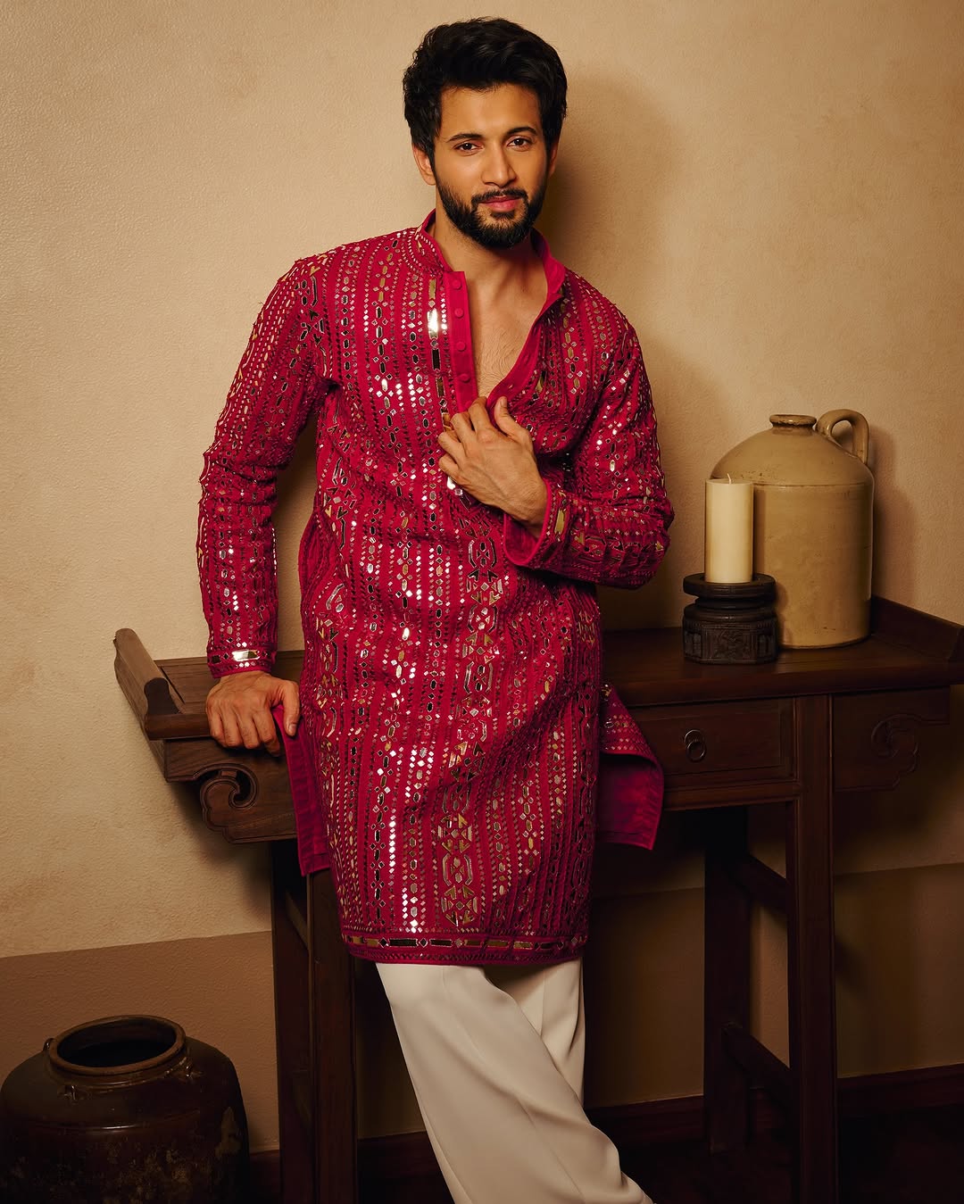 Deep Raspberry Hand-Embroidered Mirror Kurta