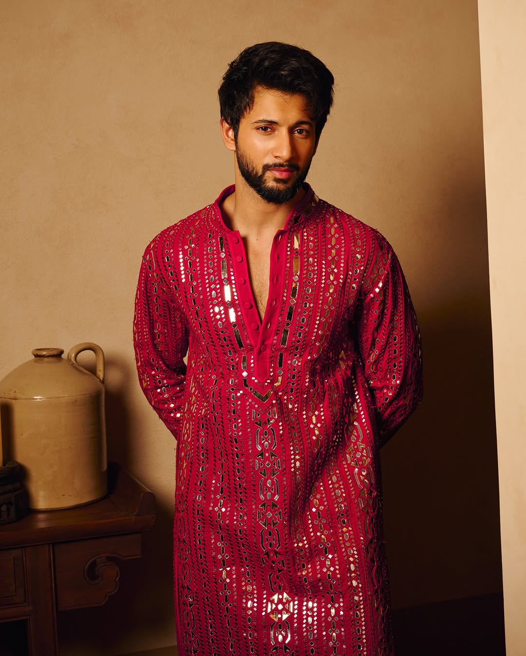 Deep Raspberry Hand-Embroidered Mirror Kurta