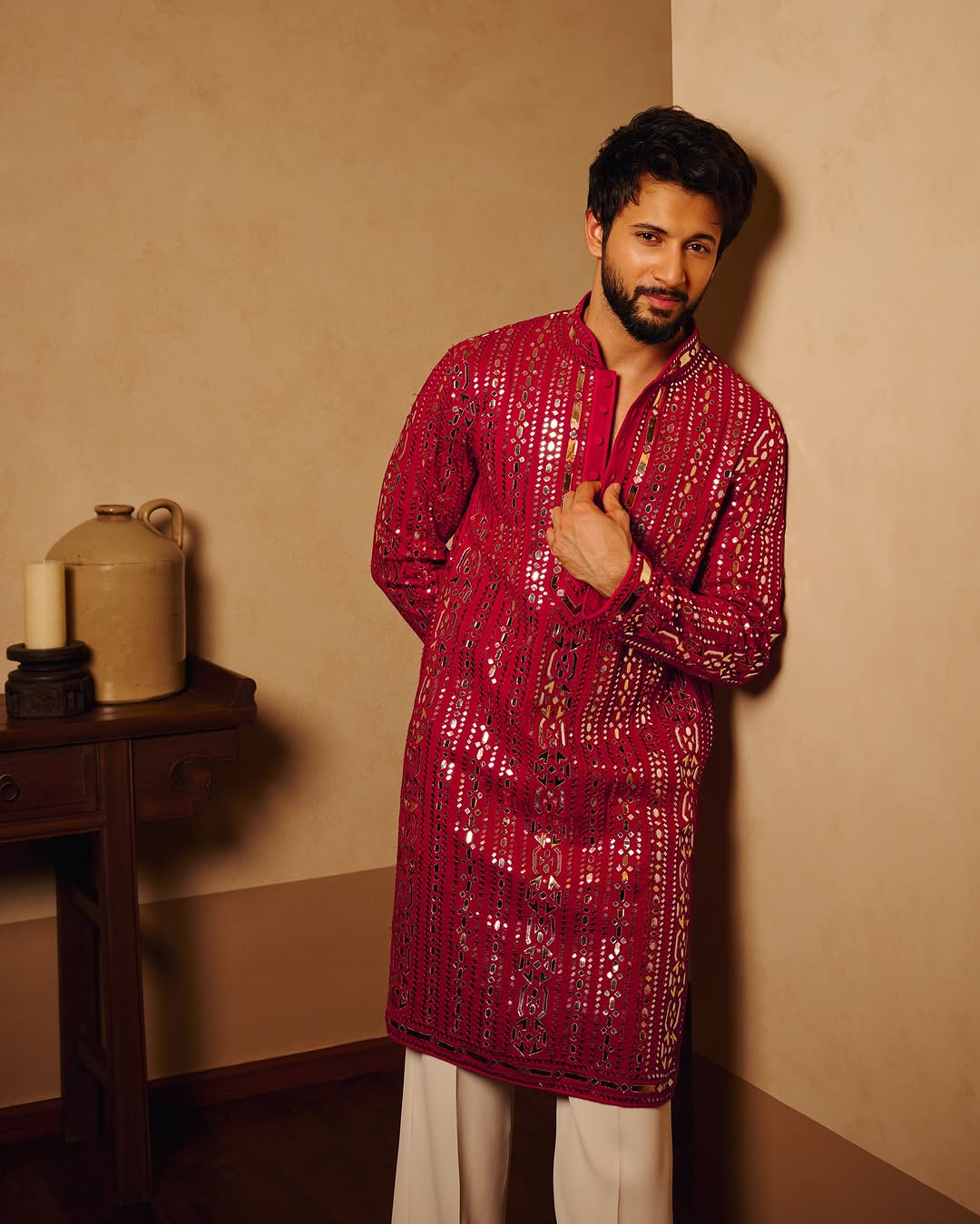 Deep Raspberry Hand-Embroidered Mirror Kurta