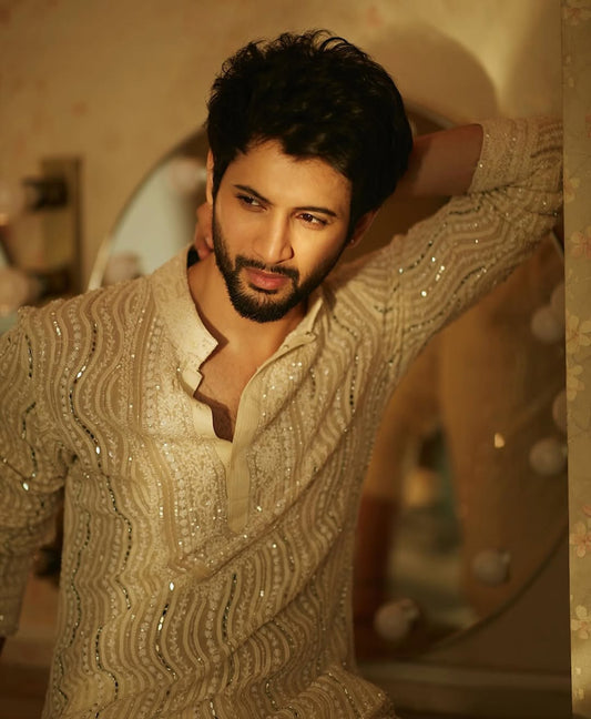 Luxury Ivory Sequins Work Men's Kurta Pajama Set - Haldi, Sangeet & Wedding Ethnic Wear