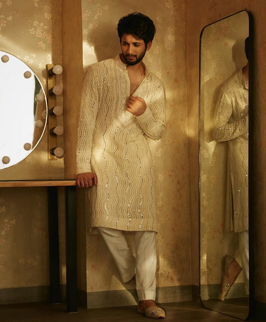 Luxury Ivory Sequins Work Men's Kurta Pajama Set - Haldi, Sangeet & Wedding Ethnic Wear