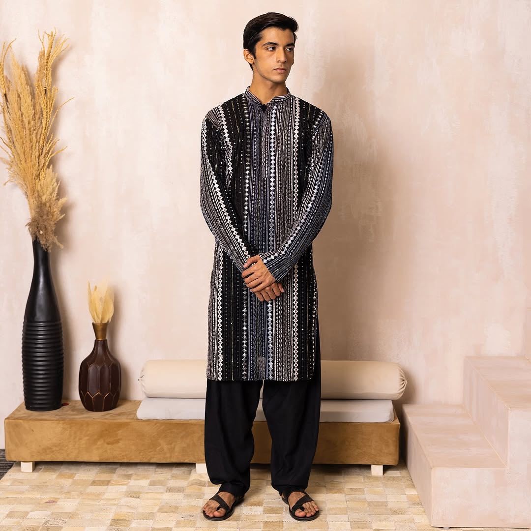 Midnight Black Embellished Mirror Work Georgette Kurta Set