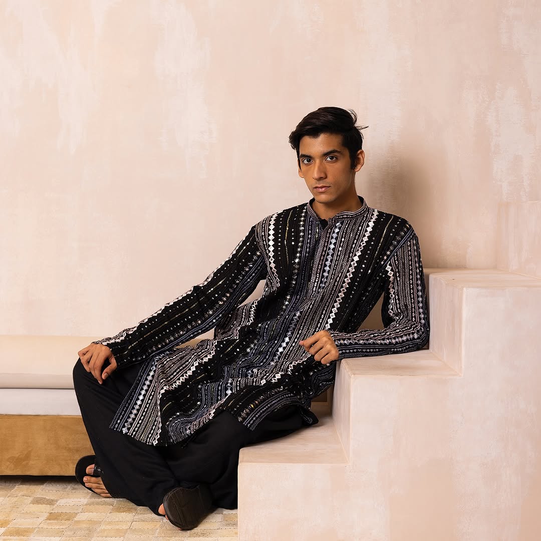 Midnight Black Embellished Mirror Work Georgette Kurta Set
