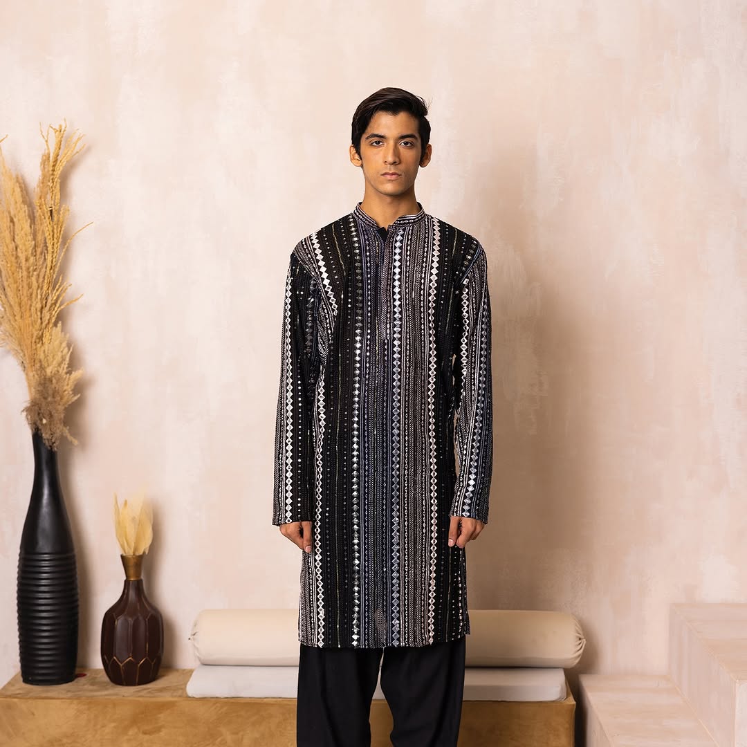 Midnight Black Embellished Mirror Work Georgette Kurta Set