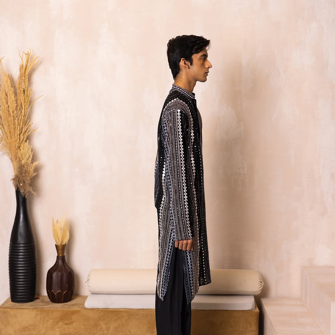 Midnight Black Embellished Mirror Work Georgette Kurta Set