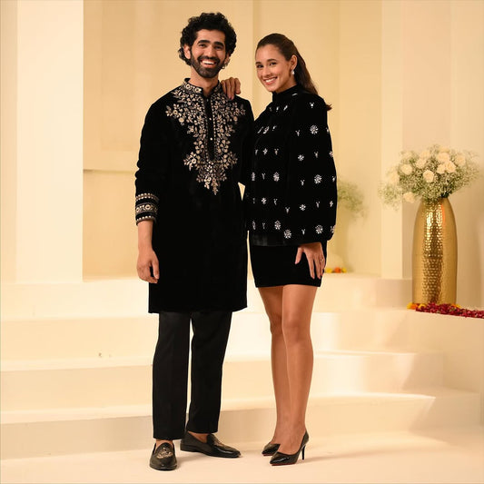 Designer Black Kurta Set with Gold Thread Leaf Embroidery