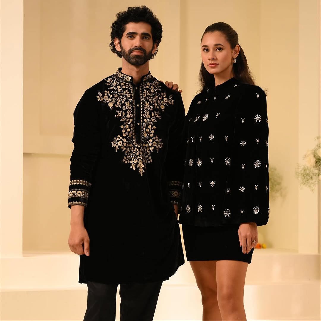 Designer Black Kurta Set with Gold Thread Leaf Embroidery