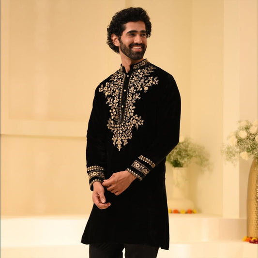 Designer Black Kurta Set with Gold Thread Leaf Embroidery