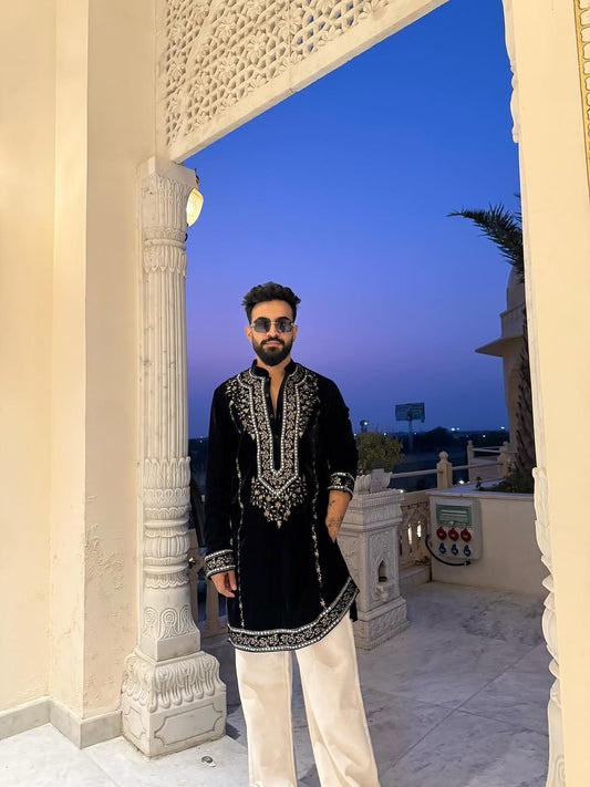 Designer Black Kurta Set with Gold Thread Leaf Embroidery