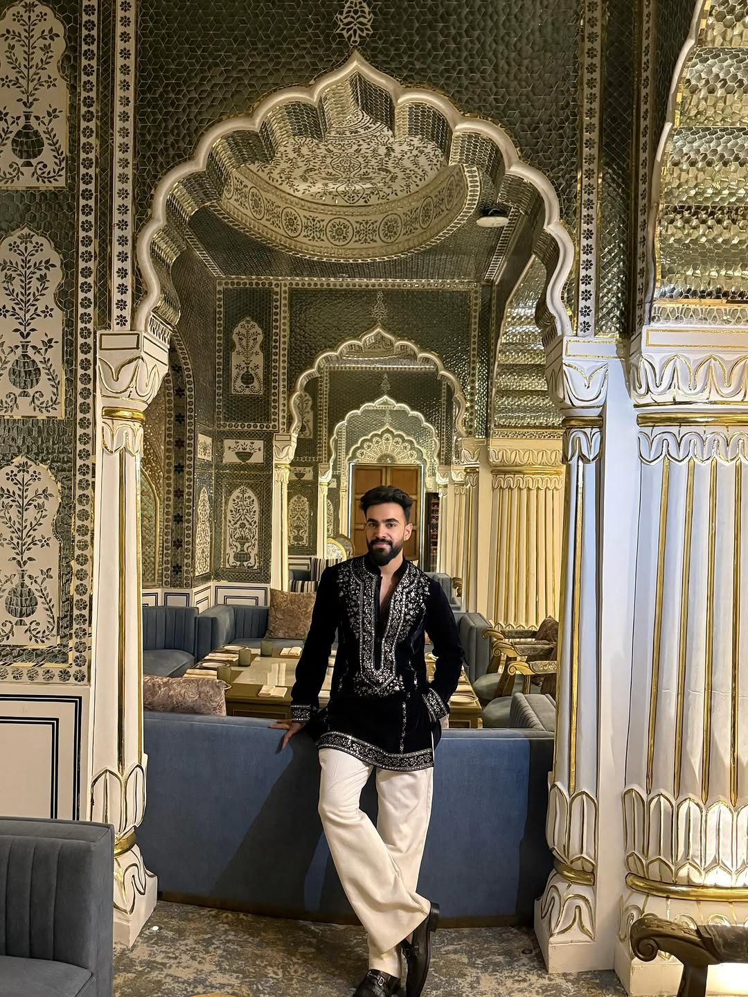 Designer Black Kurta Set with Gold Thread Leaf Embroidery