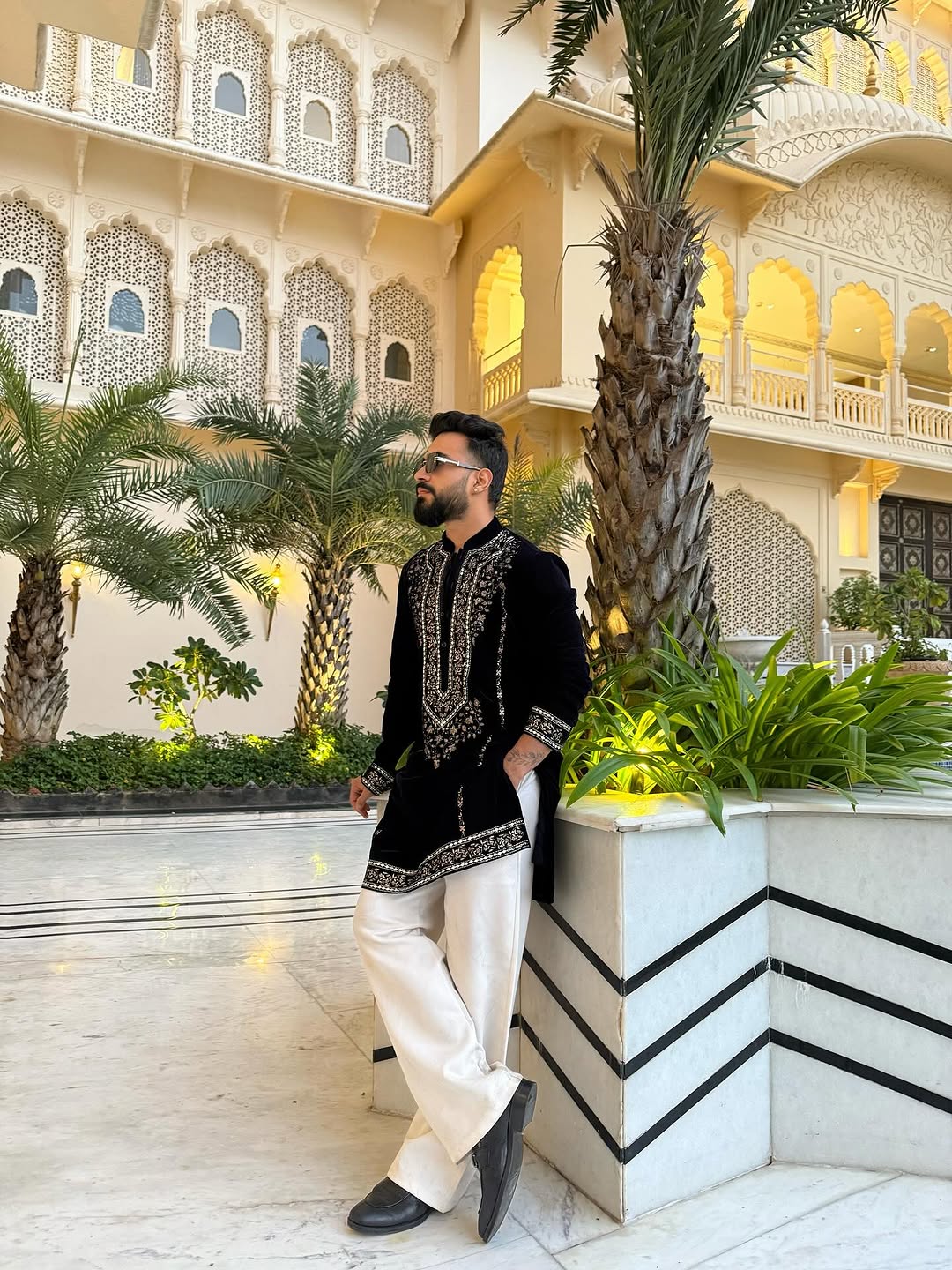 Designer Black Kurta Set with Gold Thread Leaf Embroidery