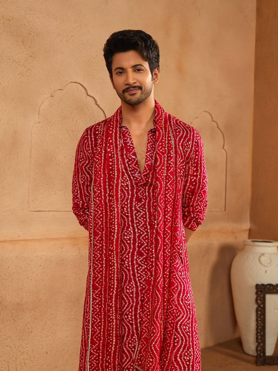 Red Bandhani Kurta Set for Men