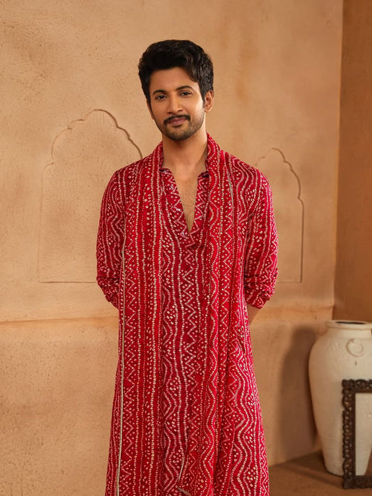 Red Bandhani Kurta Set for Men