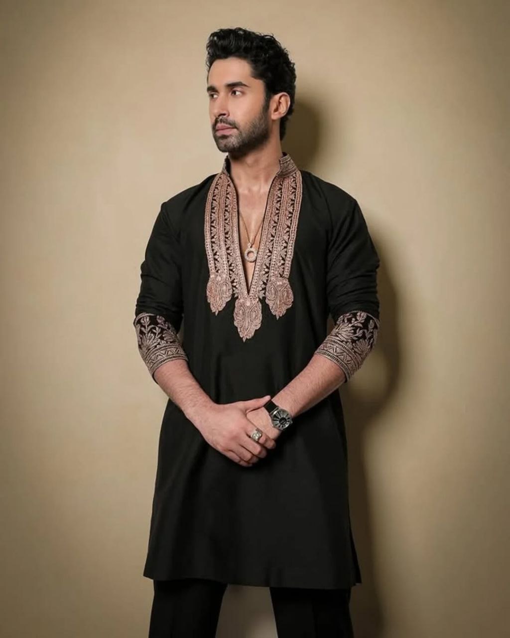Regal Black Kurta with Gold Kashmiri Embroidery