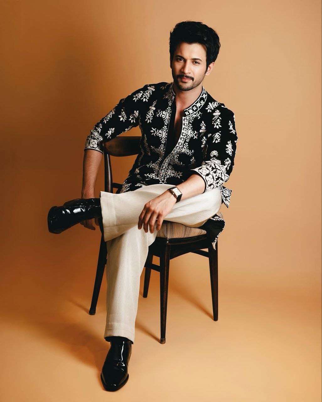 Black & White Geometric Embroidered Black Silk Kurta